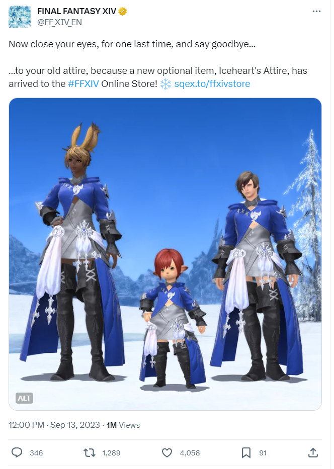 The tweet reads: Now close your eyes, for one last time, and say goodbye...  …to your old attire, because a new optional item, Iceheart's Attire, has arrived to the #FFXIV Online Store! http://sqex.to/ffxivstore