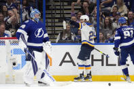 St. Louis Blues center Jordan Kyrou (25) celebrates after scoring past Tampa Bay Lightning goaltender Andrei Vasilevskiy (88) during the second period of an NHL hockey game Friday, Nov. 25, 2022, in Tampa, Fla. (AP Photo/Chris O'Meara)