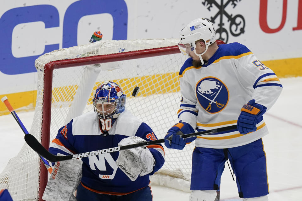 Buffalo Sabres' Rasmus Ristolainen (55) scores a goal as New York Islanders goaltender Ilya Sorokin (30) reacts during the third period of an NHL hockey game Thursday, March 4, 2021, in Uniondale, N.Y. The Islanders won 5-2. (AP Photo/Frank Franklin II)