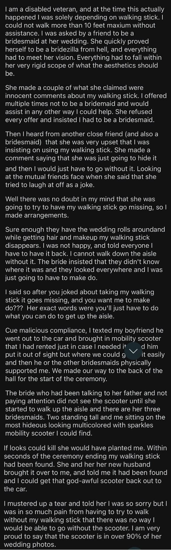 The image is a screenshot of text sharing a personal story. It talks about an individual's experiences as a disabled veteran at a wedding