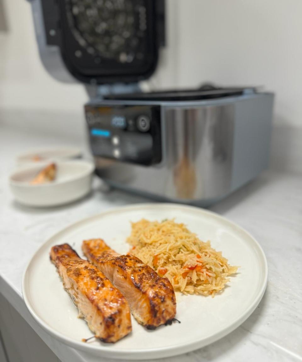 Two Teriyaki salmon filets and mixed vegetable rice on white plate, made in the Ninja Speedi