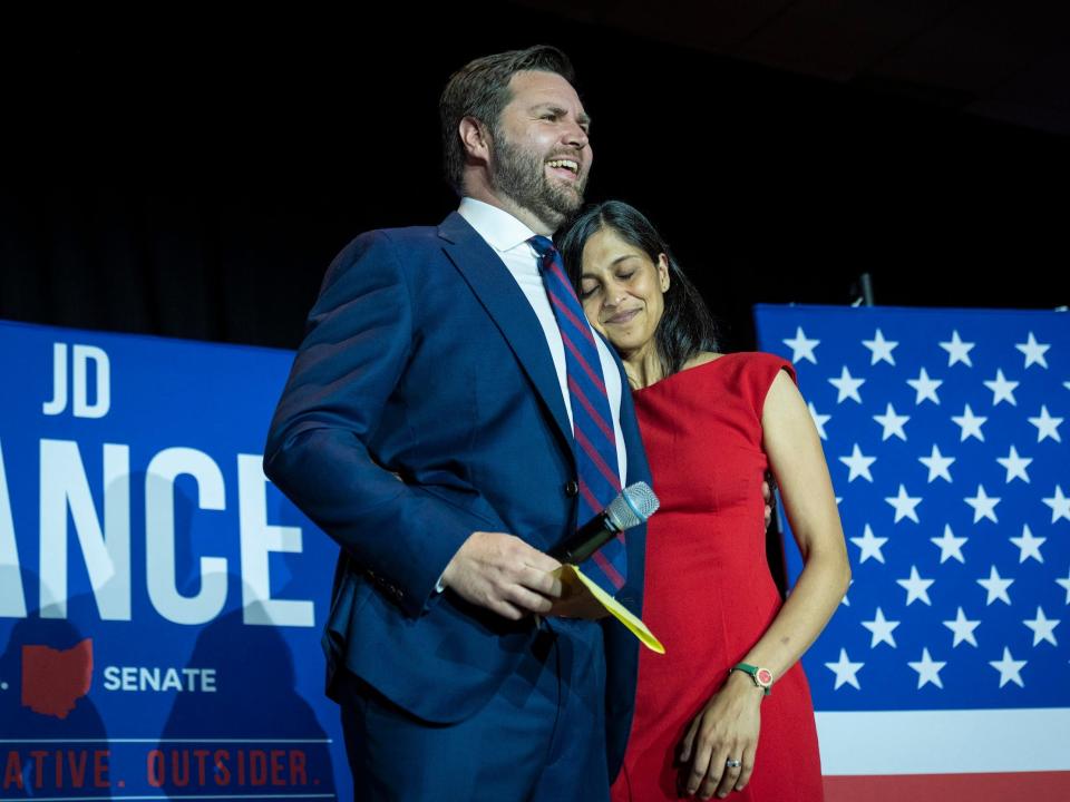 JD Vance embraces his wife Usha Vance after winning the primary, at an election night event at Duke Energy Convention Center on May 3, 2022 in Cincinnati, Ohio.