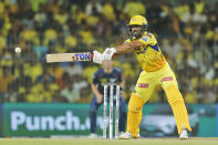 Chennai Super Kings' Captain Ruturaj Gaikwad plays a shot during the Indian Premier League cricket match between Chennai Super Kings and Lucknow Super Giants in Chennai, India, Tuesday, April 23, 2024. (AP Photo/R.Parthiban)