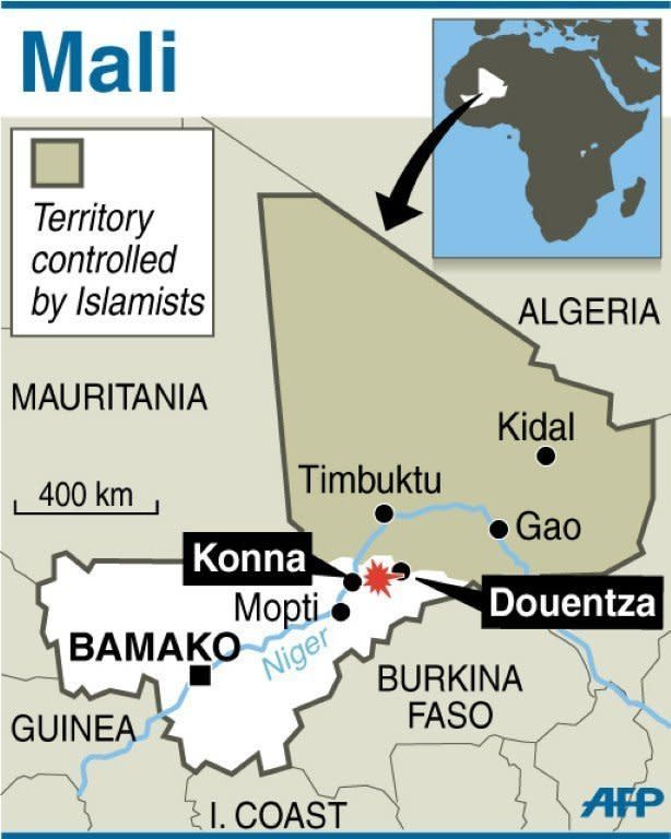 A map of Mali locating Konna, Douentza and Mopti. Mali's army reclaimed a key town from Islamists Saturday after France sent in its air force, opening a dramatic new phase in the conflict with a battle that left dozens of dead rebels strewn across the area