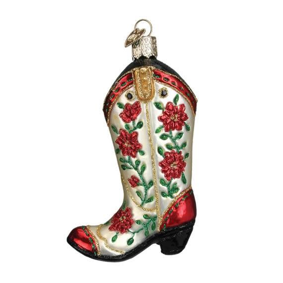 Personalized Christmas Cowgirl Boot Glass Blown Christmas Ornament for Tree by Old World Christmas