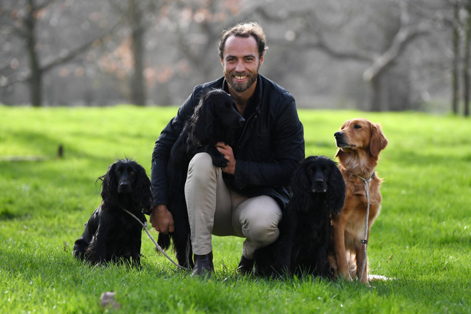 Ambassador for the Friends for Life award James Middleton poses for a photograph with his dogs Inka, Luna, Ella and Mabel at a launch event for this year's Crufts and Friends for Life in Green Park, London. (Photo by Kirsty O'Connor/PA Images via Getty Images)