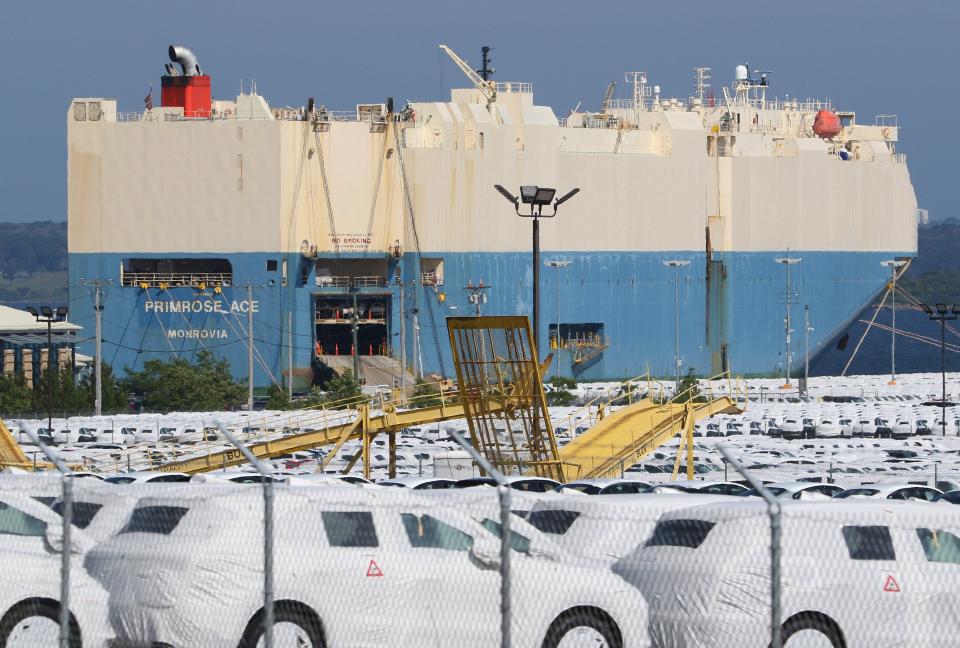 The Primrose Ace, a vehicle carrier cargo ship, unloads cars at the Quonset Development Corporation Port of Davisville in August 2019.