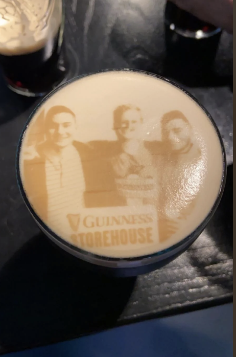 Photo printed on top of a stout's foam at the Guinness Storehouse