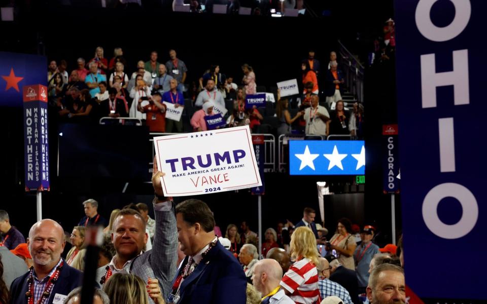 A "Trump-Vance" campaign sign displayed at the RNC