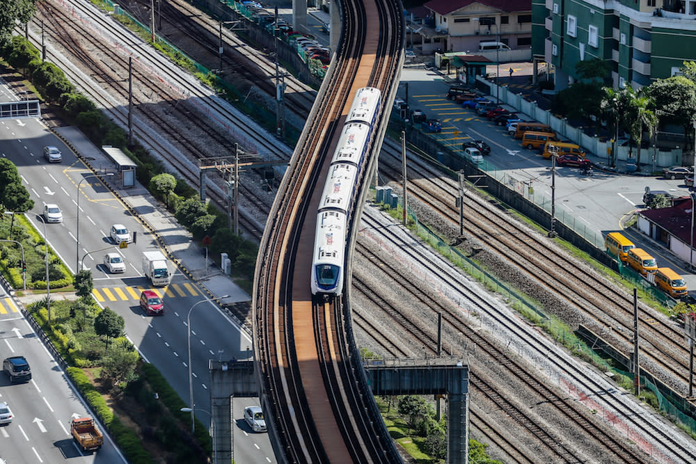 A Light Rail Transit (LRT) train travels along a track in Kuala Lumpur January 9, 2020. — Picture by Firdaus Latif