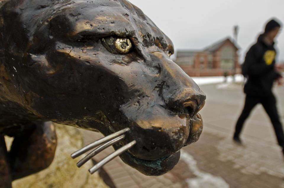 A close-up of the catamount statue at the University of Vermont is seen on Tuesday, February 19, 2013.