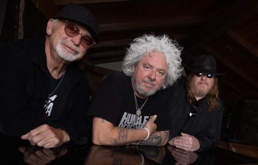 Stugio City, CA - August 20: Portrait of three core members of the veteran rock band Toto, from left, David Paich, Steve Lukather and Joe Wiiliams for a feature pegged to their upcoming concert at the Hollywood Bowl, photographed on Tuesday, Aug. 20, 2024 in Stugio City, CA. (Brian van der Brug / Los Angeles Times)