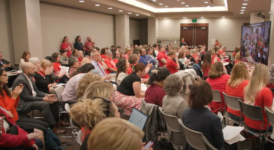 Teachers from across the state attend the Indiana State Board of Education meeting on Wednesday May 8, 2024 to express their anger and frustration over the rollout of the new early literacy endorsement requirements, which they say places too many burdens on teachers.