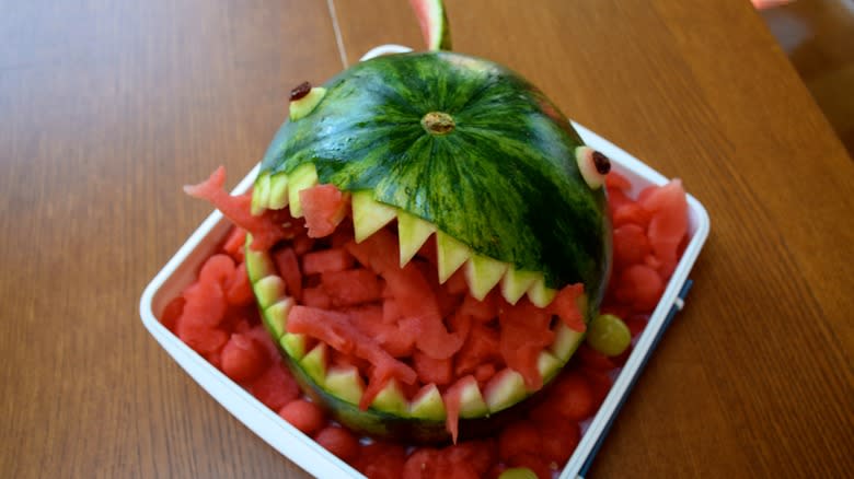 watermelon shark carving on table