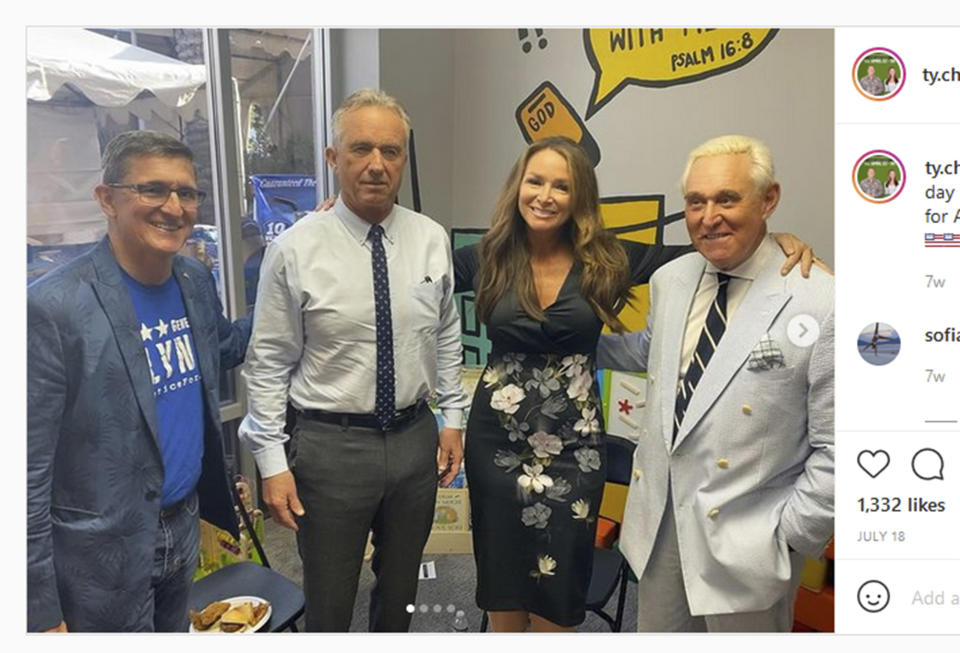 This photo posted on Instagram on July 18, 2021 shows Robert F. Kennedy, Jr., second left, with former National Security Adviser Michael Flynn, left, anti-vaccine profiteer Charlene Bollinger and former President Donald Trump ally Roger Stone, right. The account, run by Bollinger, has since been removed. (AP Photo)