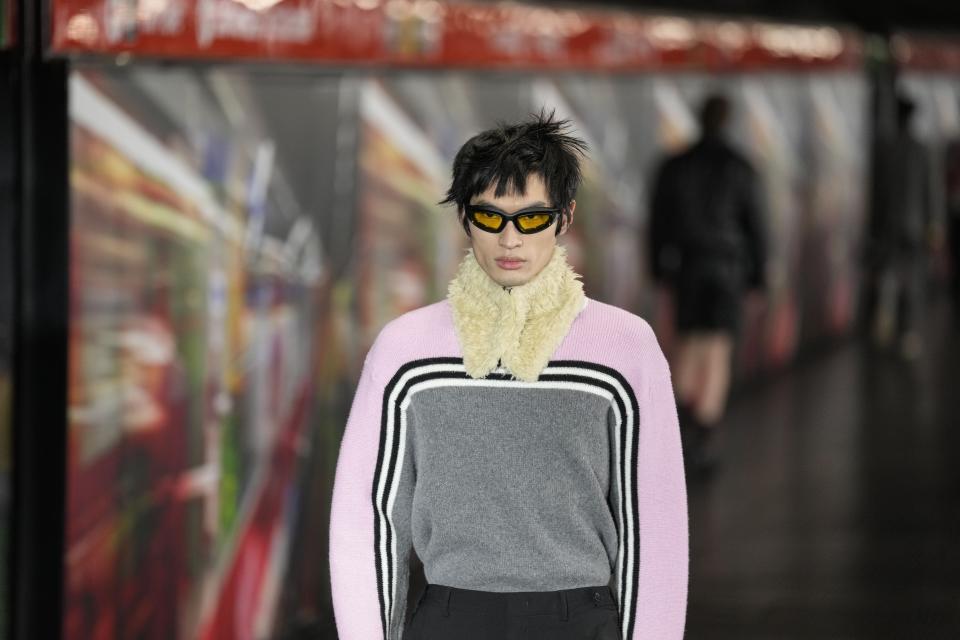 A model wears a creation as part of the men's MSGM Fall-Winter 2024-2025 collection, that was presented in Milan, Italy, Saturday, Jan. 13, 2024. (AP Photo/Antonio Calanni).