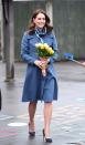 <p>In a blue Sportmax coat (which she wore at an event <a href="http://www.telegraph.co.uk/news/uknews/kate-middleton/11420492/Duchess-of-Cambridge-a-dab-hand-at-pottery-skills-on-visit-to-Emma-Bridgewater-factory.html" rel="nofollow noopener" target="_blank" data-ylk="slk:in 2015;elm:context_link;itc:0;sec:content-canvas" class="link ">in 2015</a>), Séraphine Maternity dress, Beulah London scarf, and navy blue pumps while attending an engagement for Head Together.</p>