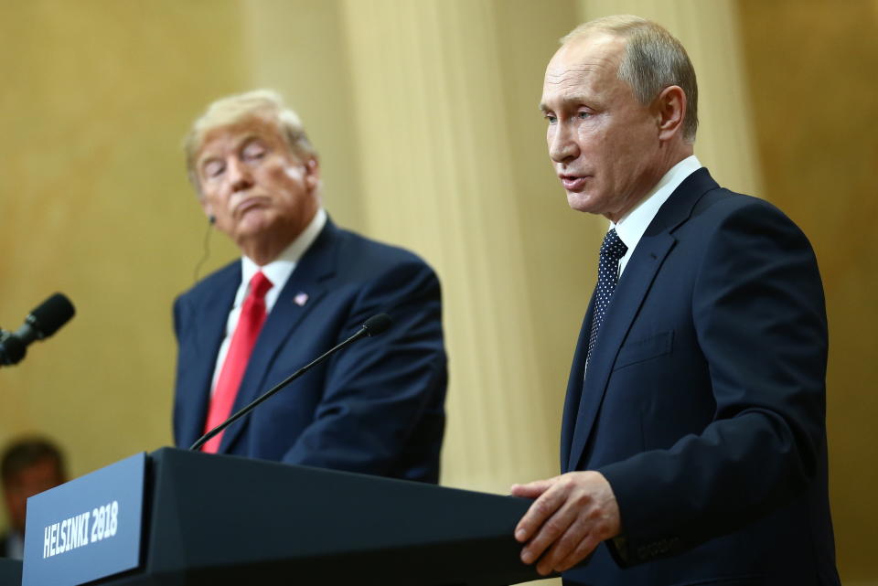 <span class="s1">President Trump and Vladimir Putin at their joint news conference. (Photo: Valery Sharifulin\TASS via Getty Images)</span>