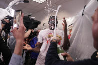 Toronto Raptors center Serge Ibaka celebrates after the Raptors defeated the Golden State Warriors in Game 6 of basketball's NBA Finals in Oakland, Calif., Thursday, June 13, 2019. (AP Photo/Tony Avelar)