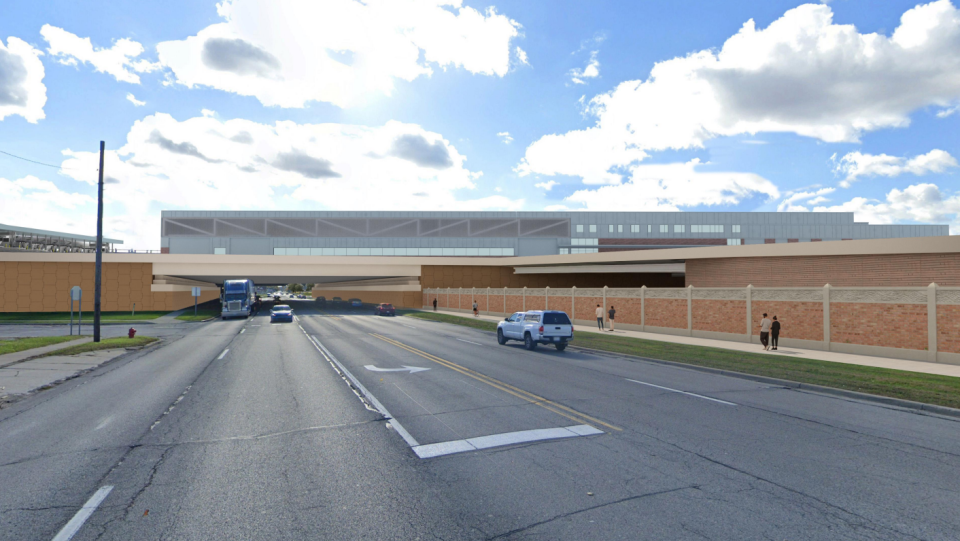 A rendering of MDOT's current proposal to expand the Blue Water Bridge Plaza looking north from Pine Grove Avenue.