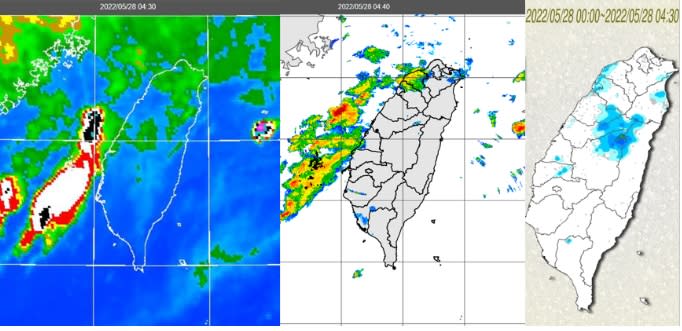 今(28日)晨4：30紅外線色調強化雲圖顯示，「滯留鋒」雲帶逐漸北移，台灣海峽有對流雲(左圖)；4：40雷達回波合成圖顯示，伴隨降水回波，向陸地靠近(中圖)；4：30累積雨量圖顯示，中部以北及東北部局部降雨，其他地區雨很零星(右圖)。   圖／翻攝「三立準氣象．老大洩天機」專欄