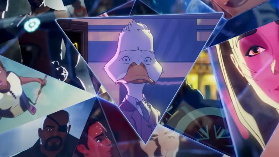 Many shards of glass, each depicting a different animated segment from Marvel's What If...? including Howard the Duck, Peggy Carter's Cap shield, T'Challa as Star-Lord, and Nick Fury.