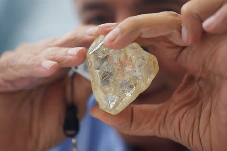 A 709-carat diamond, found in Sierra Leone and known as the "Peace Diamond", is displayed during a tour ahead of its auction, at Israel's Diamond Exchange, in Ramat Gan, Israel October 19, 2017. Picture taken October 19, 2017. REUTERS/Nir Elias