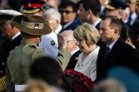 Australian Prime Minister Tony Abbott lays a wreath during a commemoration ceremony marking the 100th anniversary of the start of the Battle of Gallipoli, on April 24, 2015, at the Helles Memorial