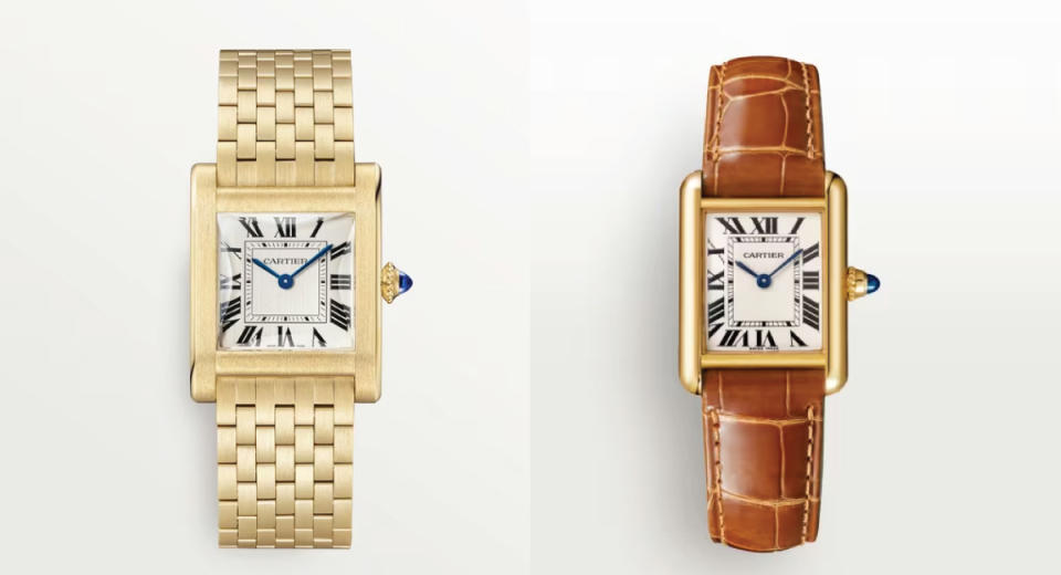 Cartier Tank Normal (L) and a Cartier Tank Lous (R) are differentiated by the proportions and the shape of the brancards.