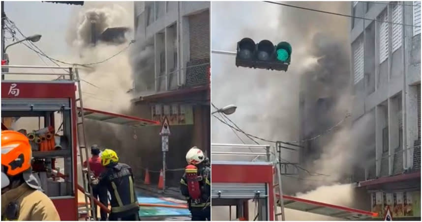 花蓮市公正街一間小吃店今（23日）12時許發生大火，猛烈火勢已延燒3棟建築。（圖／翻攝自記者爆料網）