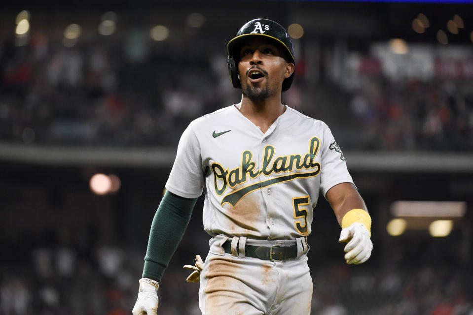 Oakland Athletics' Tony Kemp reacts after Houston Astros right fielder Kyle Tucker caught Kemp's fly ball to end the top of the sixth inning of a baseball game, Saturday, Oct. 2, 2021, in Houston. (AP Photo/Eric Christian Smith)