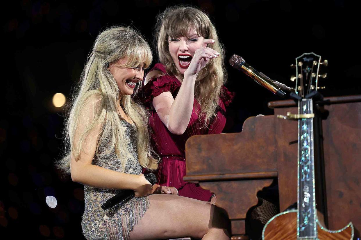 <p>Don Arnold/TAS24/Getty </p> Sabrina Carpenter and Taylor Swift performing on the Eras Tour  in Sydney, Australia in February 2024