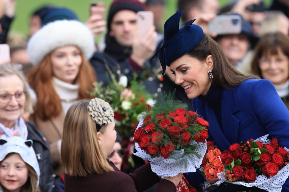 Catherine, Princess of Wales, and Mia Tindall greet well-wishers after attending the Christmas morning service at Sandringham Church on Dec. 25, 2023, in Sandringham, Norfolk.