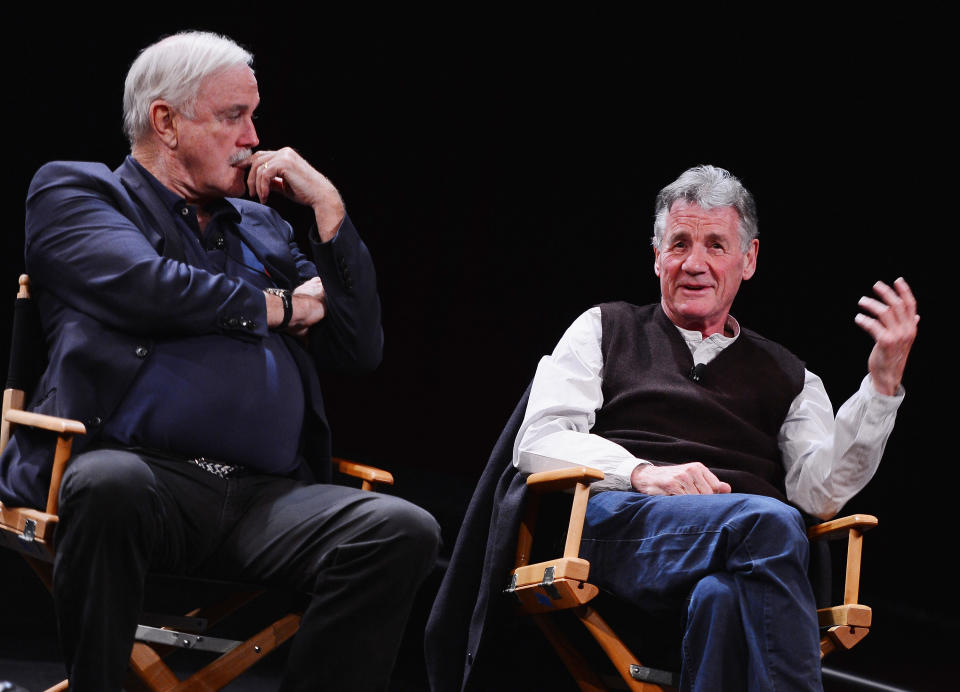 John Cleese and Michael Palin attend the Monty Python Press Conference during the 2015 Tribeca Film Festival at SVA Theater on April 24, 2015 in New York City.  (Photo by Stephen Lovekin/Getty Images for the 2015 Tribeca Film Festival)