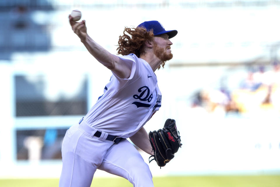 Los Angeles Dodgers starting pitcher Dustin May throws to a Miami Marlins batter during the first inning of a baseball game in Los Angeles, Saturday, Aug. 20, 2022. (AP Photo/Alex Gallardo)
