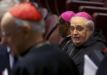 Bishop Jose Luis Lacunza Maestrojuan (R) is pictured before Pope Francis leads an extraordinary consistory at the Vatican February 12, 2015. REUTERS/Alessandro Bianchi