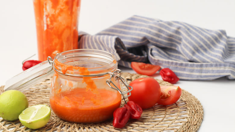 striped towel and hot sauce