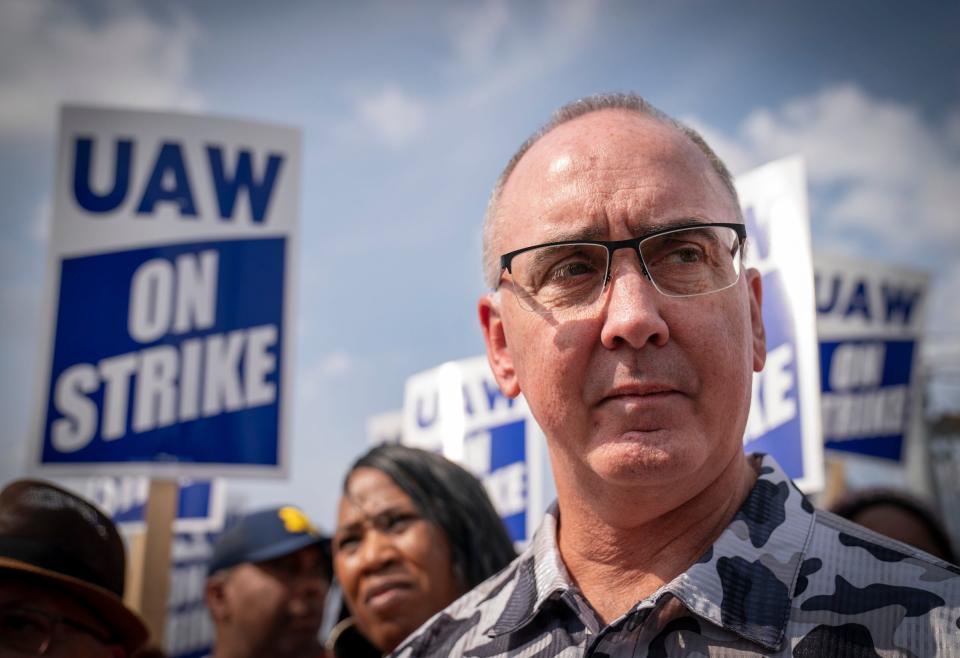 Strikers walk out at noon from 38 GM, Stellantis parts including Center Line Packaging as UAW President Shawn Fain called for more shops to go out on strike Friday, Sept. 22, 2023.