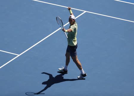 Tennis - Australian Open - Margaret Court Arena, Melbourne, Australia, January 22, 2018. Tomas Berdych of Czech Republic celebrates winning against Fabio Fognini of Italy. REUTERS/Issei Kato