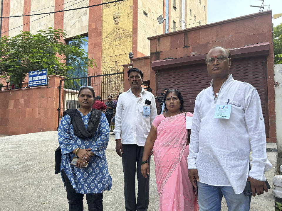 Indian activists holding a summit on people's G20 leave the venue, in New Delhi, India, Sunday, Aug.20, 2023. Indian police intervened to stop a meeting of prominent activists, academics and politicians discussing issues ahead of a summit of the Group of 20 industrialized and developing nations next month that will be hosted in New Delhi, citing law and order issues, the meeting's organizers said on Sunday. (AP Photo/Piyush Nagpal)