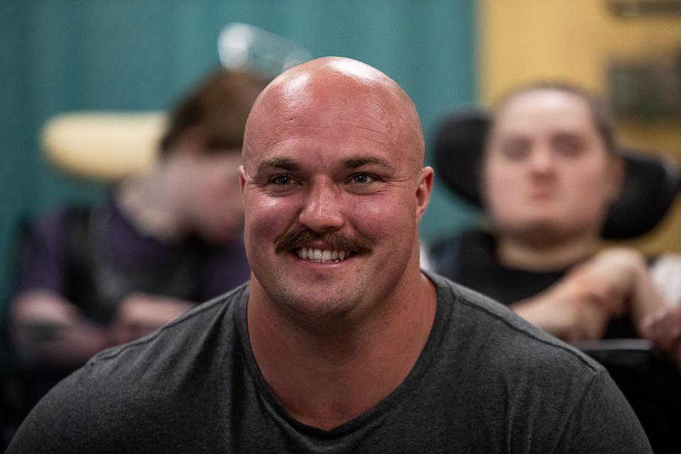 Canadian Mitchell Hooper, winner of the 2023 World's Strongest Man competition toured the Home of the Innocents during a stop in Louisville on Tuesday, June 20, 2023.