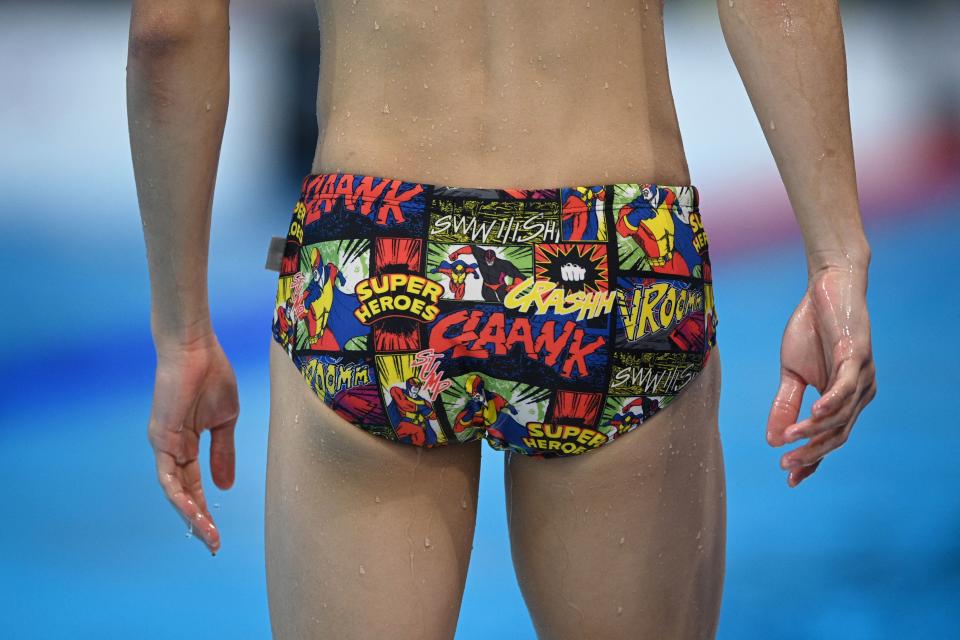 <p>The trunks of a swimmer are pictured as they attend a training session ahead of swimming event during the Tokyo 2020 Olympic Games at the Tokyo Aquatics Centre in Tokyo on July 26, 2021. (Photo by Oli SCARFF / AFP)</p> 
