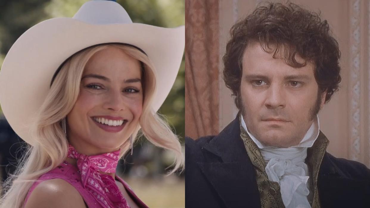  From left to right: Margot Robbie smiling in a cowboy hat as Barbie and Colin Firth as Mr. Darcy in The BBC's Pride and Prejudice. 
