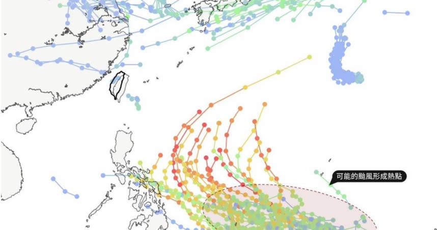 粉專指出目前菲律賓東邊的低緯度海域出現熱帶系統的訊號。（圖／翻攝自臉書「台灣颱風論壇｜天氣特急」）