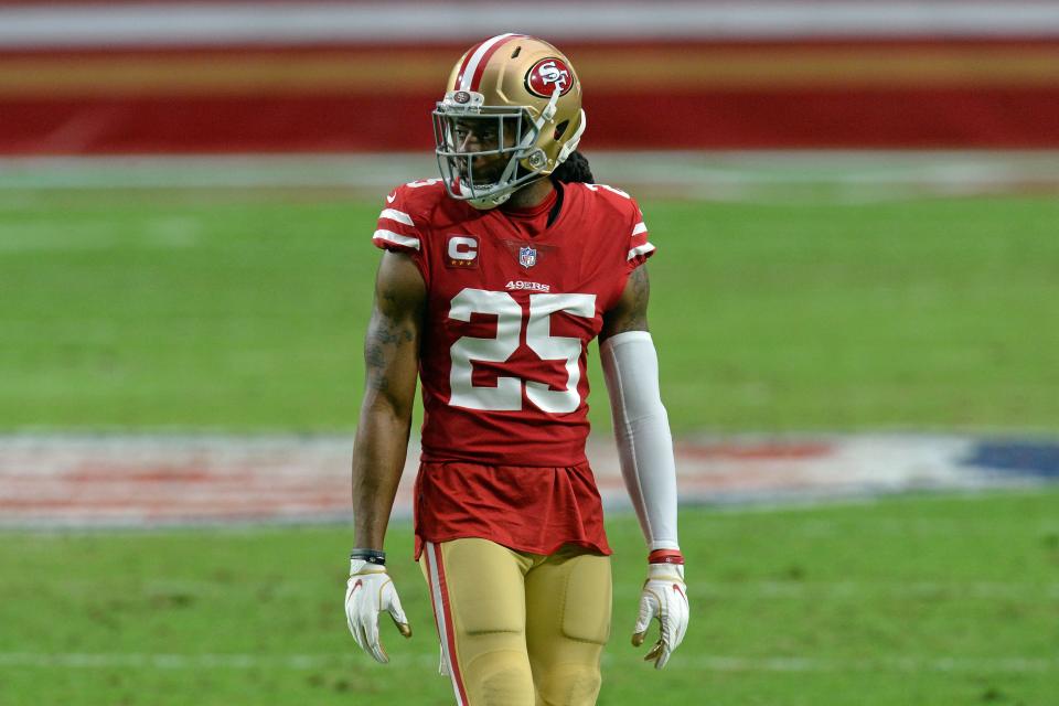 San Francisco 49ers cornerback Richard Sherman (25) looks on against the Washington Football Team during the first half at State Farm Stadium.