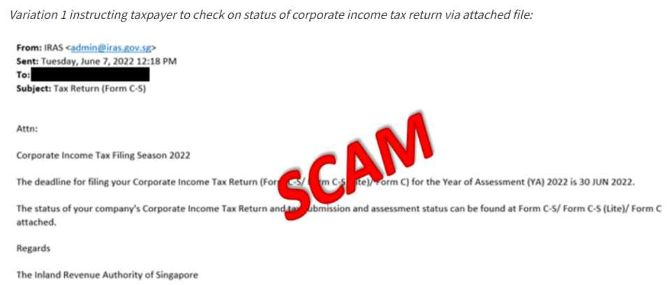 Screenshot of scam email. (PHOTO: Inland Revenue Authority of Singapore)