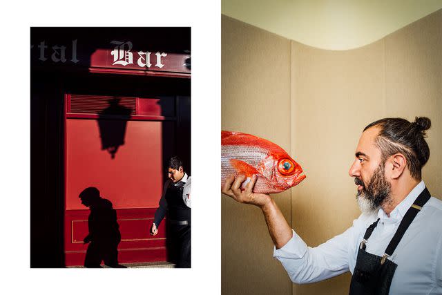 <p>James Rajotte</p> From left: A restaurant server on Plaza Mayor, Madrid's main public square; chef Rafa Zafra sizes up the night's dinner—red snapper—at his restaurant, Estimar.