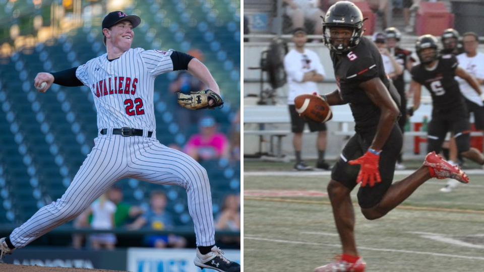 Brett Baty prepares to throw a pitch for Lake Travis and Garrett Wilson runs with the football.