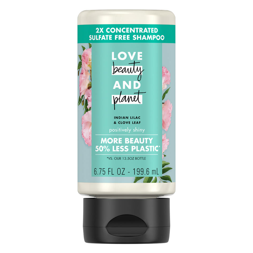 <p>Formulas are generally made from more than 70 percent water. Try a concentrated version that requires less water to make. This bottle is made of 100 percent recycled plastic.</p> <p><strong>Buy It!</strong> Love Beauty and Planet Concentrated Shampoo, $7; <a href="https://www.walmart.com/ip/Love-Beauty-and-Planet-2X-Concentrated-Sulfate-Free-Shampoo-Indian-Lilac-Clove-Leaf-6-75-oz/592886588" rel="nofollow noopener" target="_blank" data-ylk="slk:walmart.com;elm:context_link;itc:0;sec:content-canvas" class="link ">walmart.com</a></p>