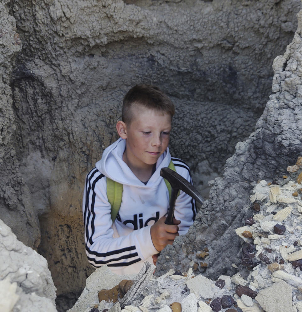 In this photo provided by Giant Screen Films, Jessin Fisher digs for fossils on public lands near his home in Marmath, N.D. (Sam Fisher/Giant Screen Films via AP)